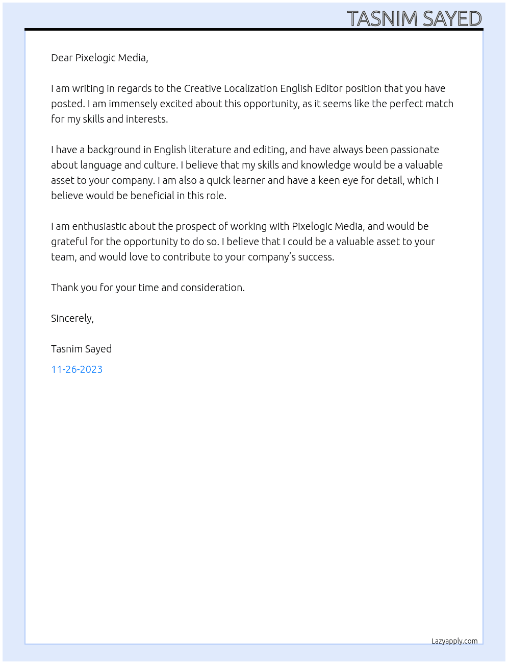Creative Localization English Editor At Pixelogic Media Cover Letter