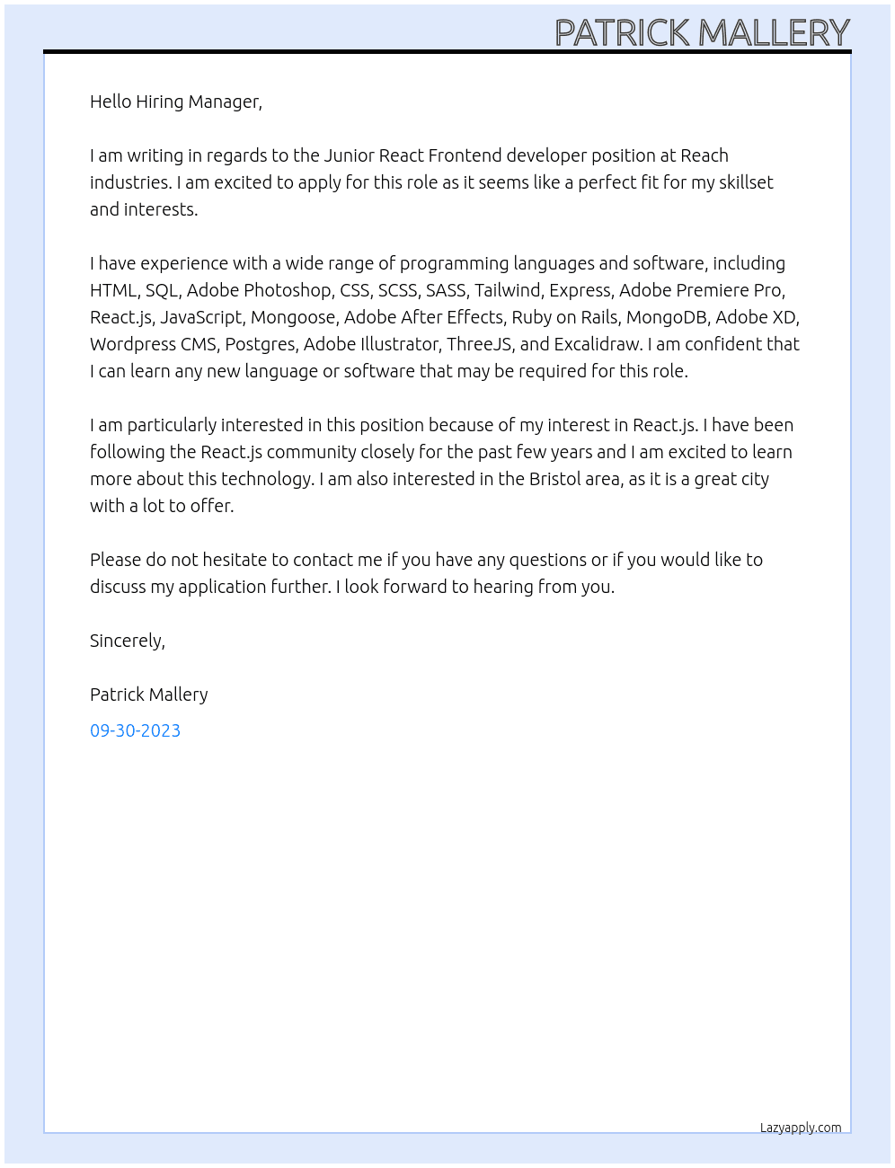 Junior React Frontend developer At Reach industries Cover Letter