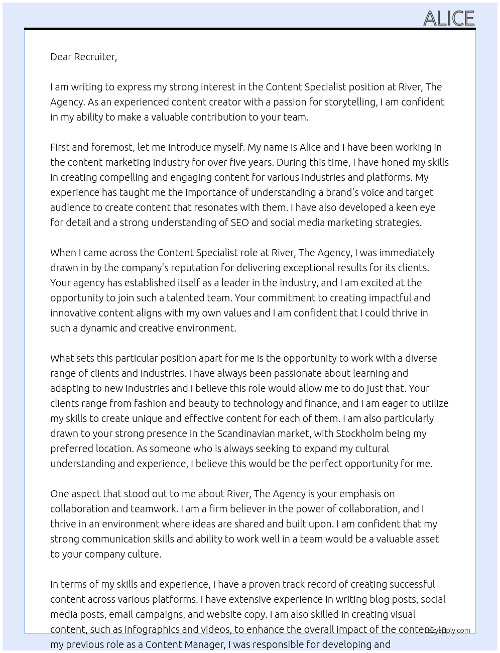 Content specialist At River, The Agency Cover Letter