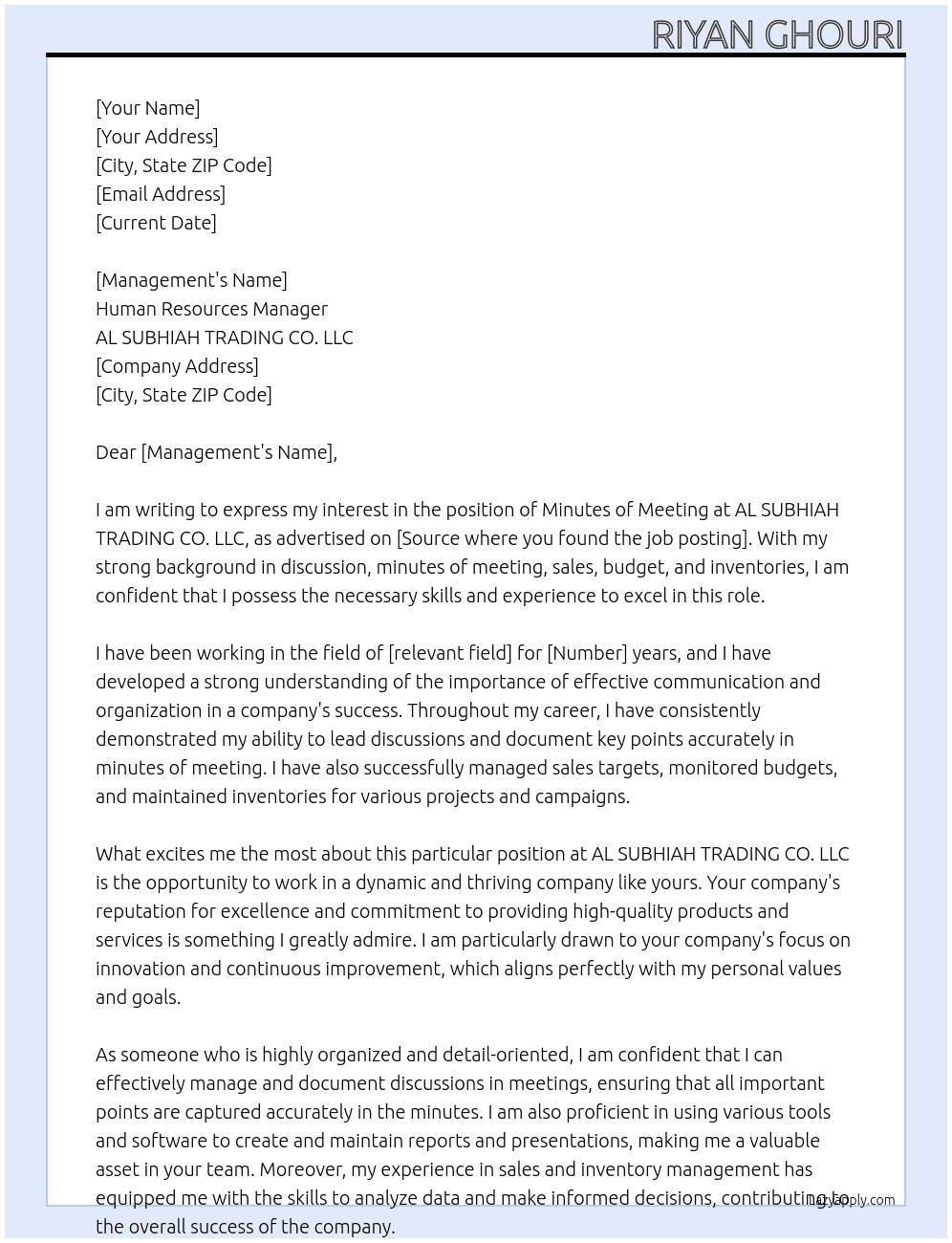 Minutes Of Meeting  At AL SUBHIAH TRADING CO. LLC Cover Letter