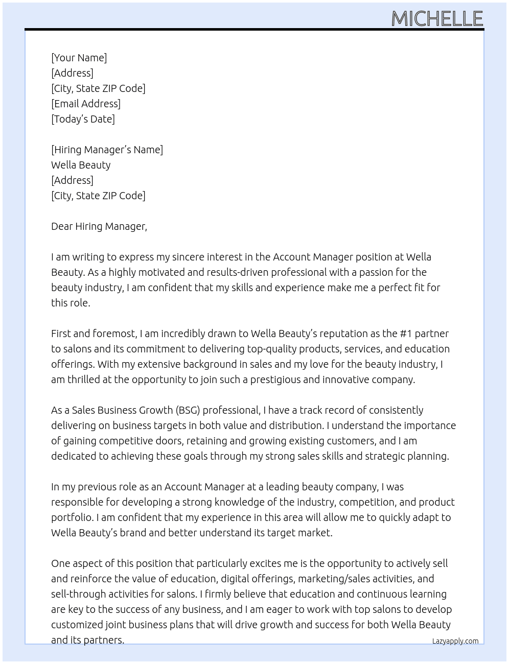 Account manager At Wella beauty Cover Letter