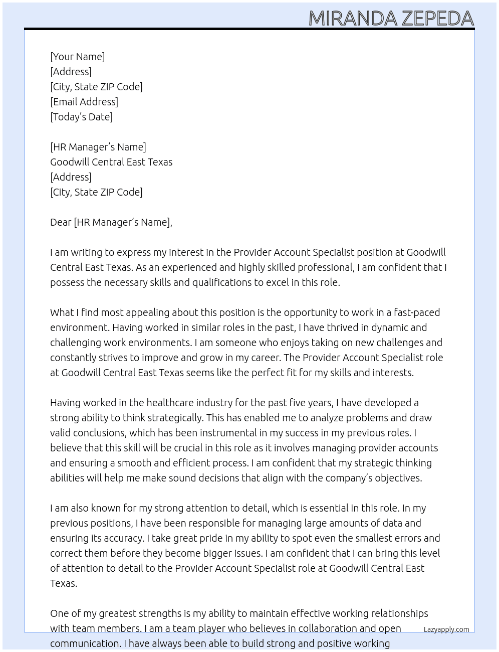 Provider Account Specialist  At Goodwill Central East Texas Cover Letter