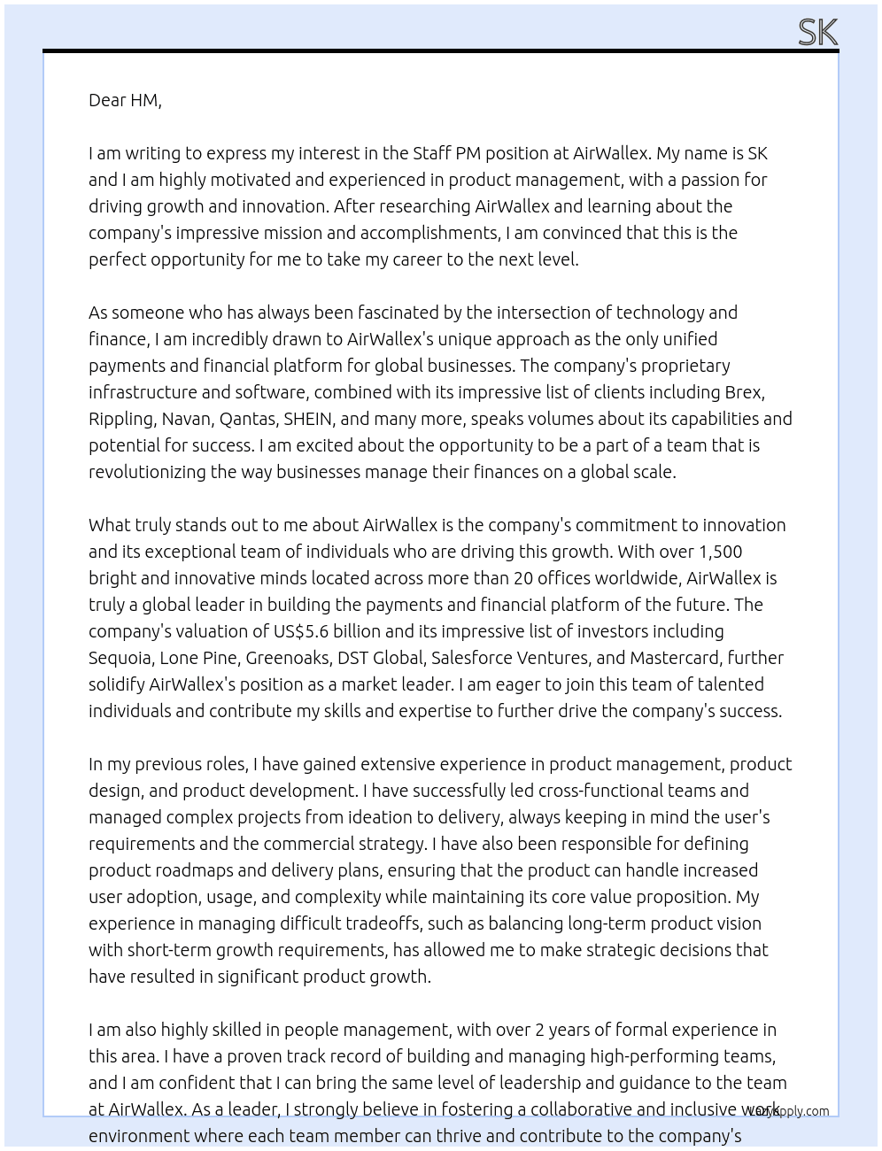 Staff PM At AirWallex Cover Letter