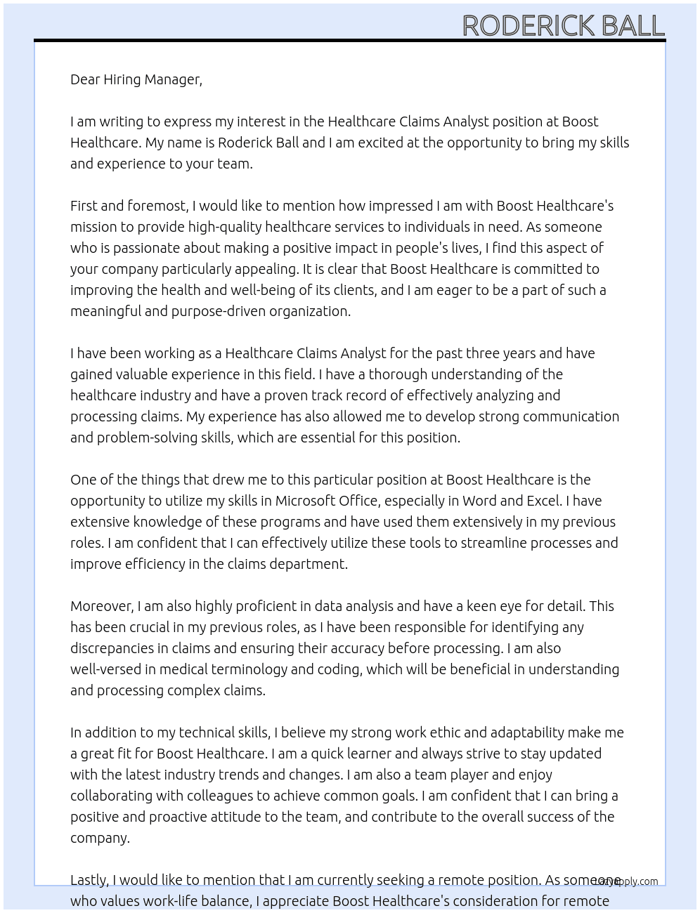 Healthcare Claims Analysst At Boost Healthcare Cover Letter