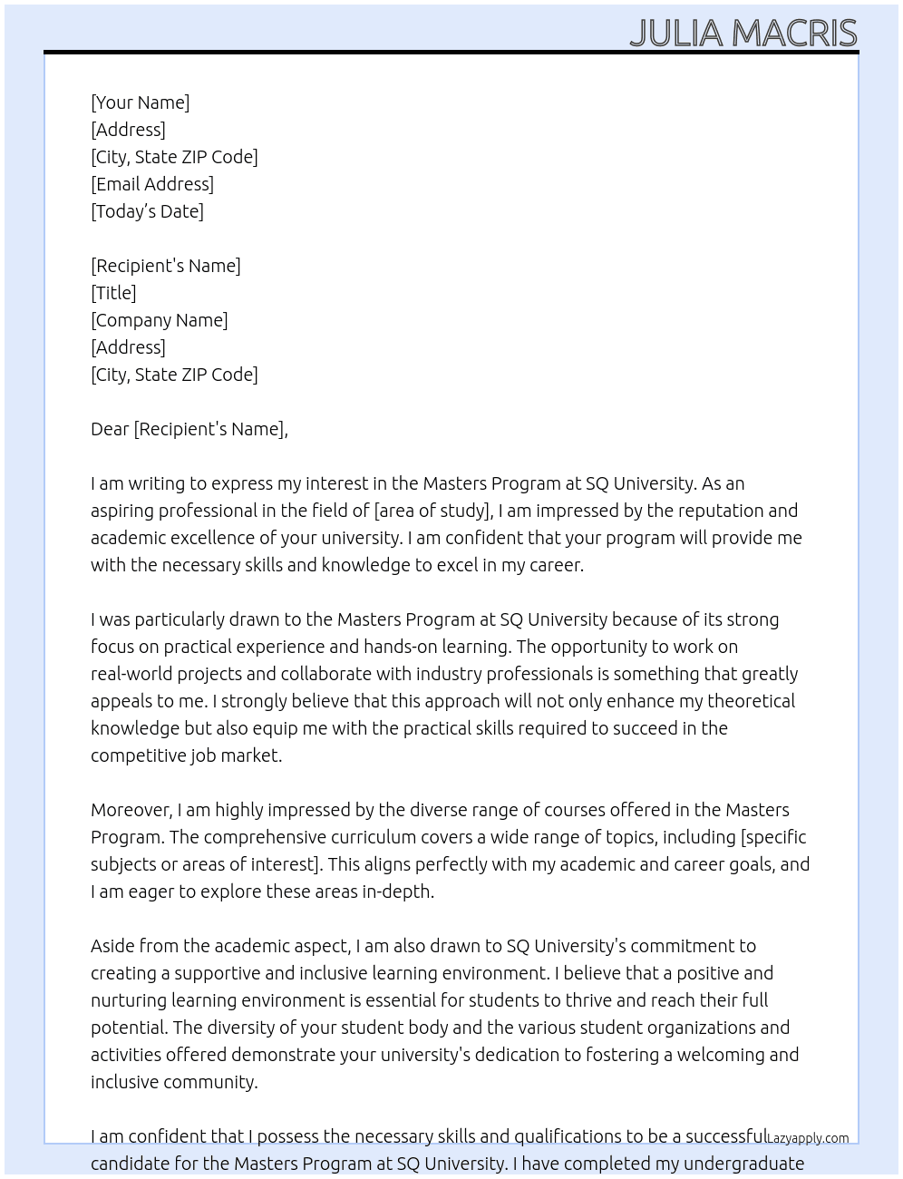 MASTERS PROGRAM At SQ university Cover Letter