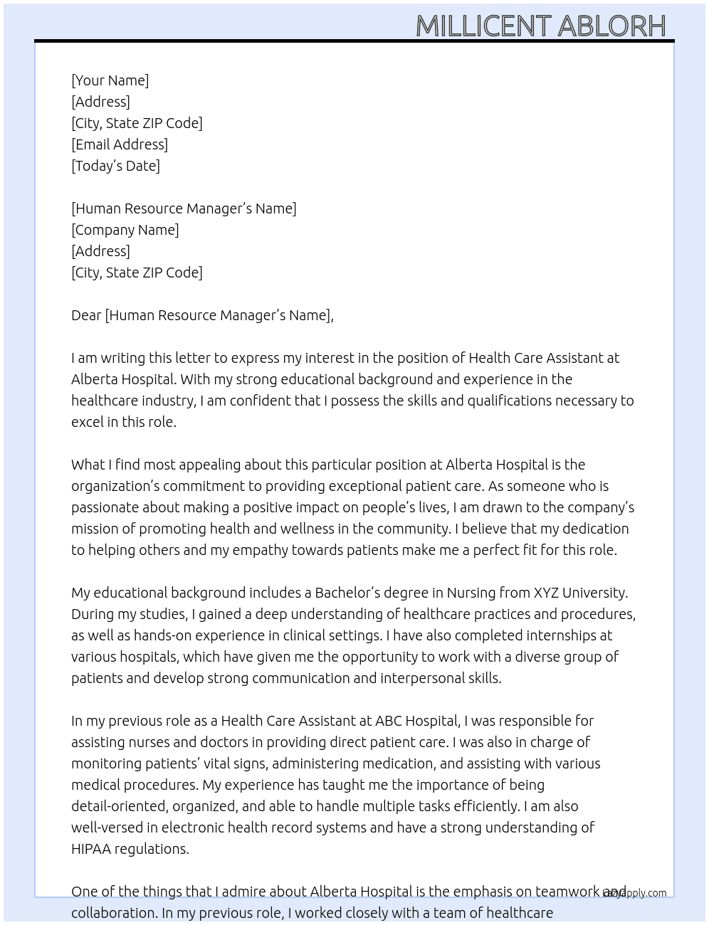 Health Care Assistant  At Alberta hospital  Cover Letter