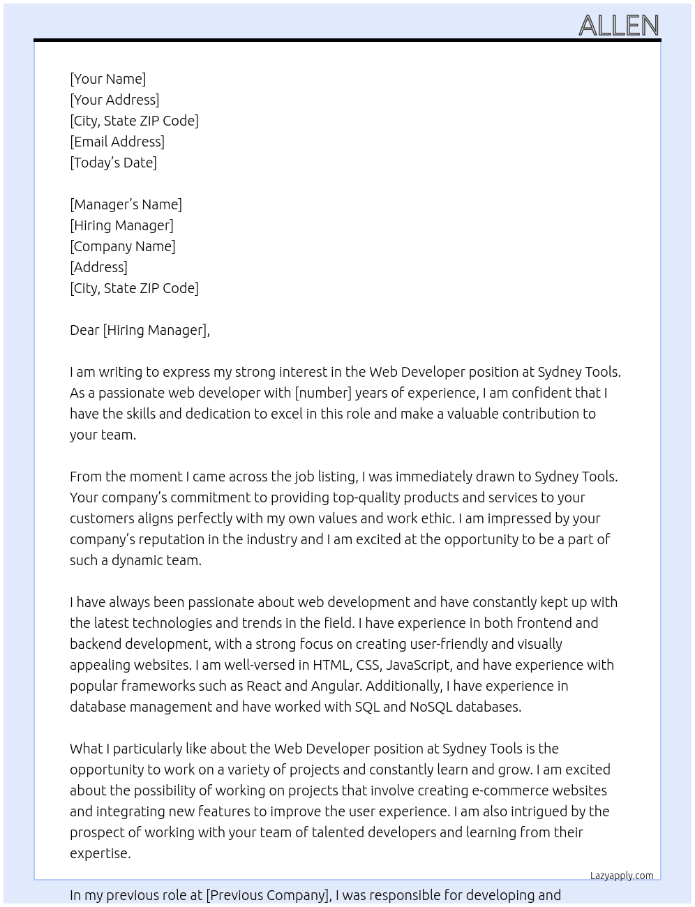 Web developer At Sydney Tools Cover Letter