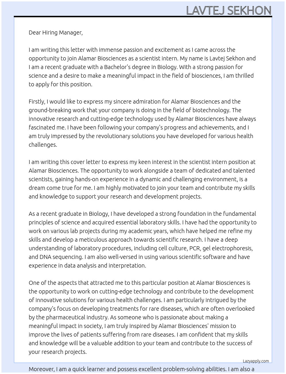 scientist intern At Alamar Biosciences Cover Letter