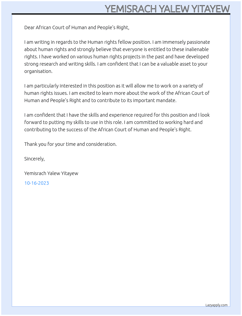Human rights fellow  At African Court of Human and People's Right  Cover Letter