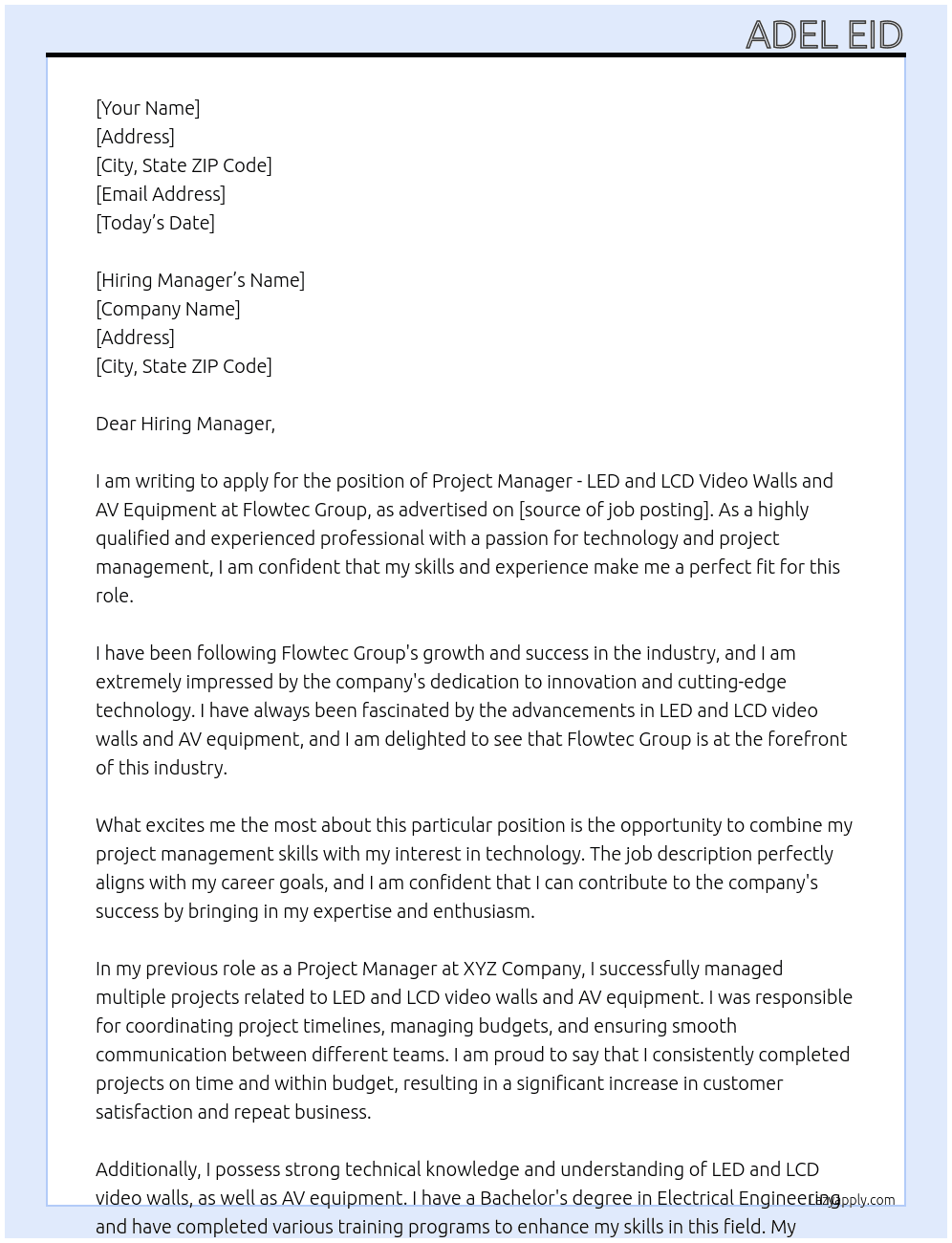 Project Manager - LED and LCD Video Walls and AV Equipment At Flowtec Group Cover Letter