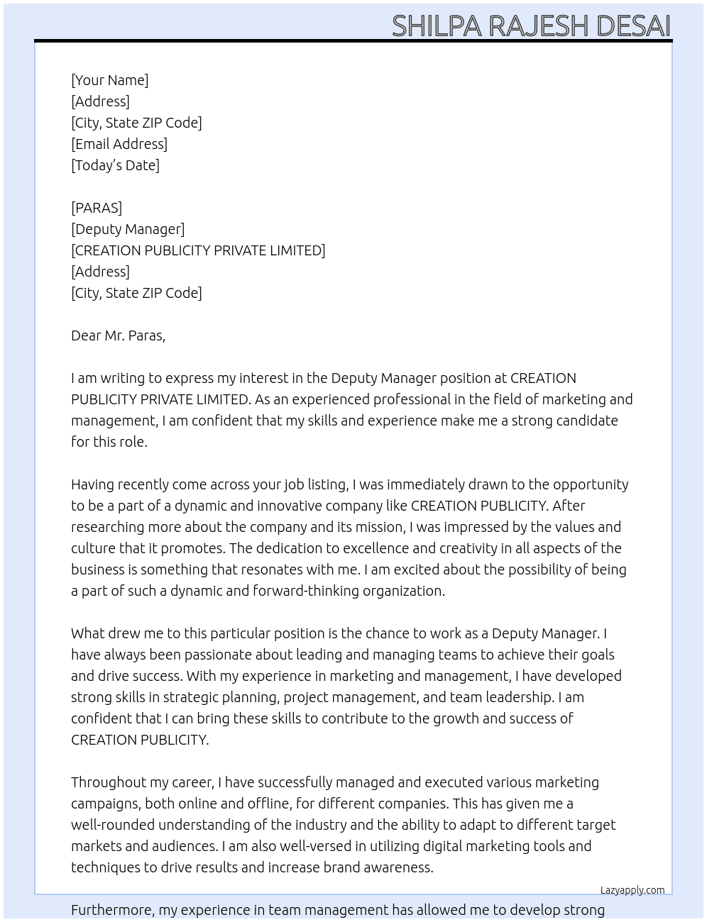Deputy Manager At CREATION PUBLICITY PRIVATE LIMITED Cover Letter