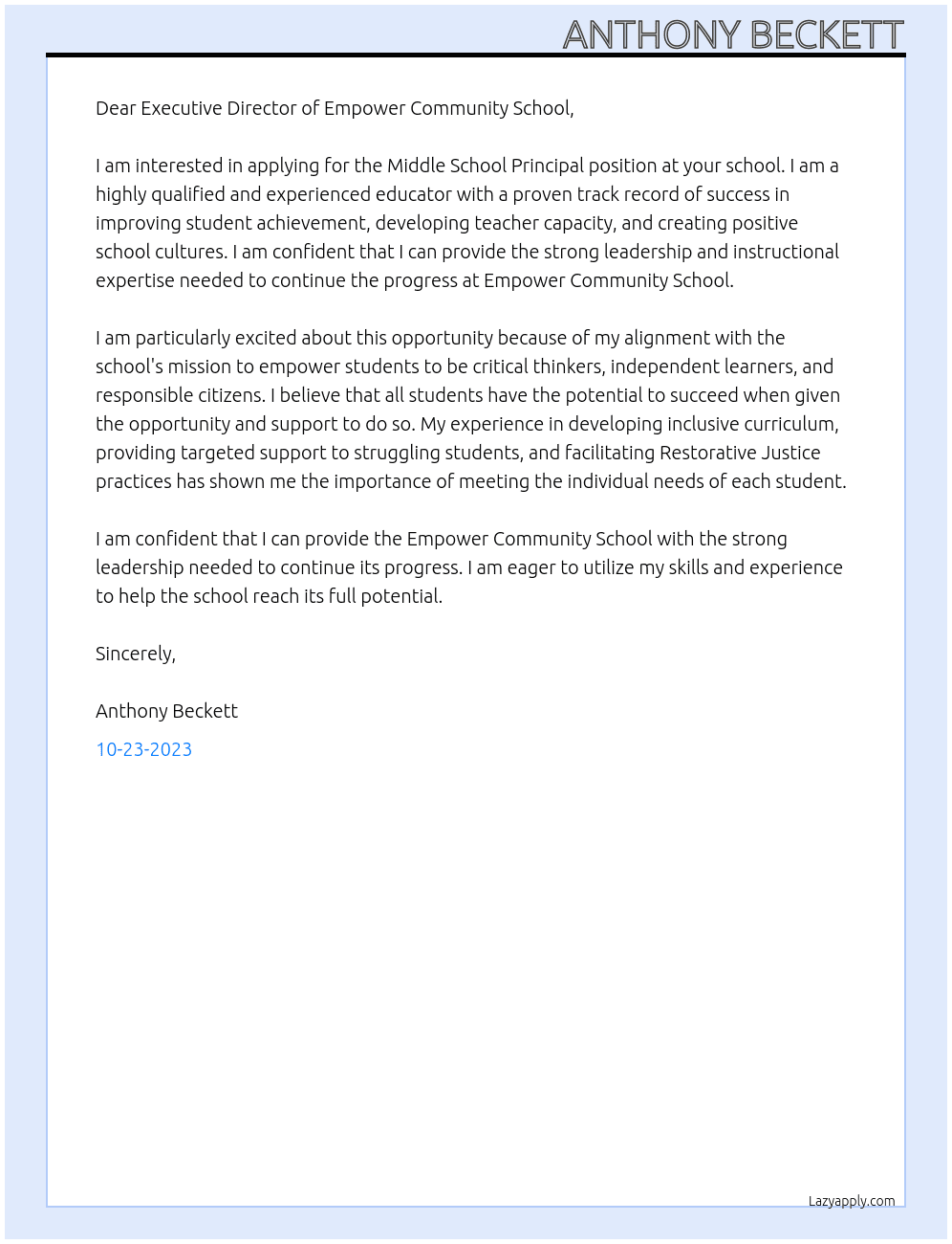 Middle School Principal At Empower Community School Cover Letter