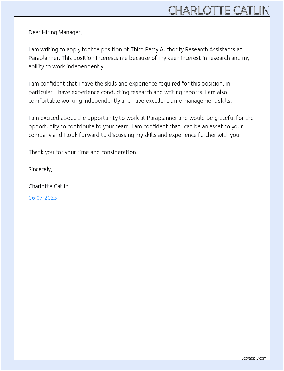 Third Party Authority Research Assistants At Paraplanner Cover Letter
