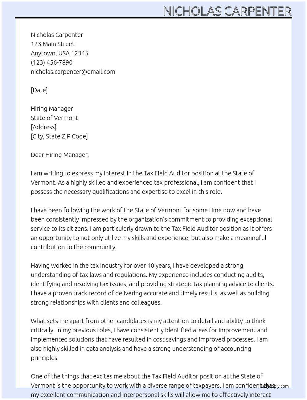 Tax Field Auditor At State of Vermont Cover Letter