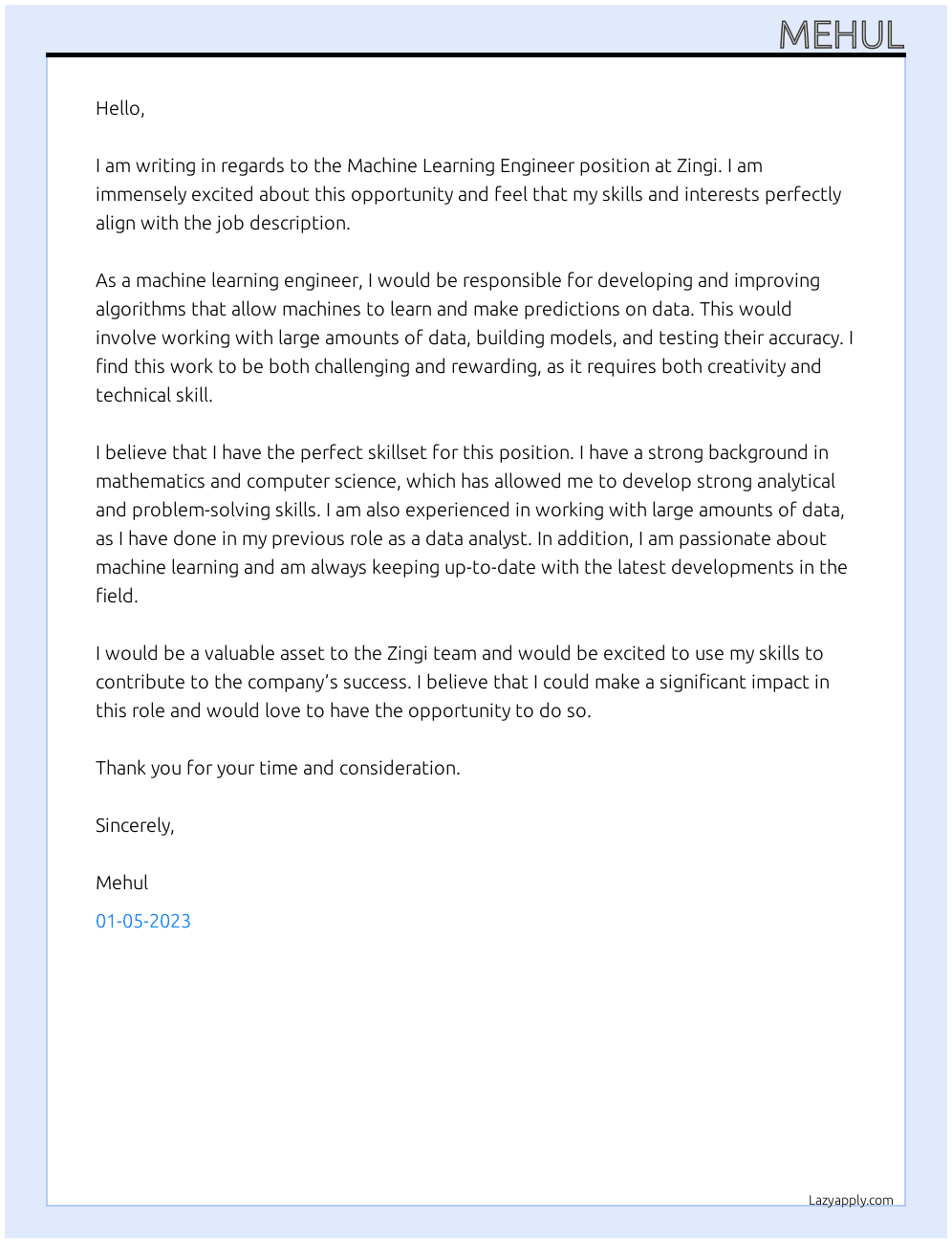 Machine Learning Engineer At Zingi Cover Letter