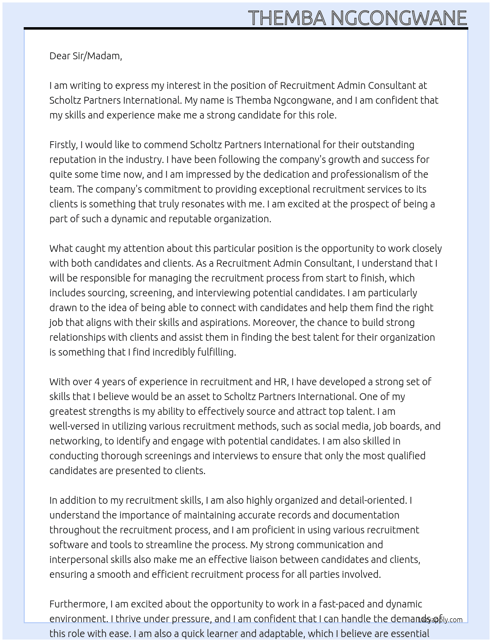 Recruitment Admin Consultant At Scholtz Partners International Cover Letter
