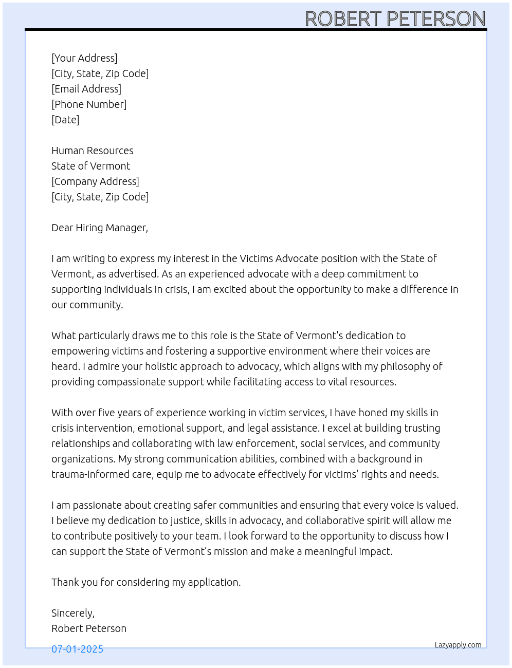Victims Advocate At State of Vermont Cover Letter
