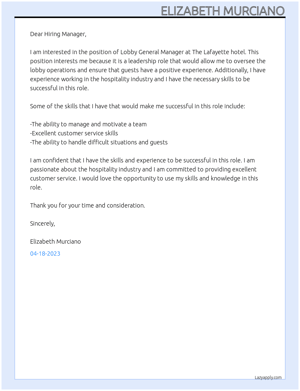 Lobby general manager  At The Lafayette hotel Cover Letter