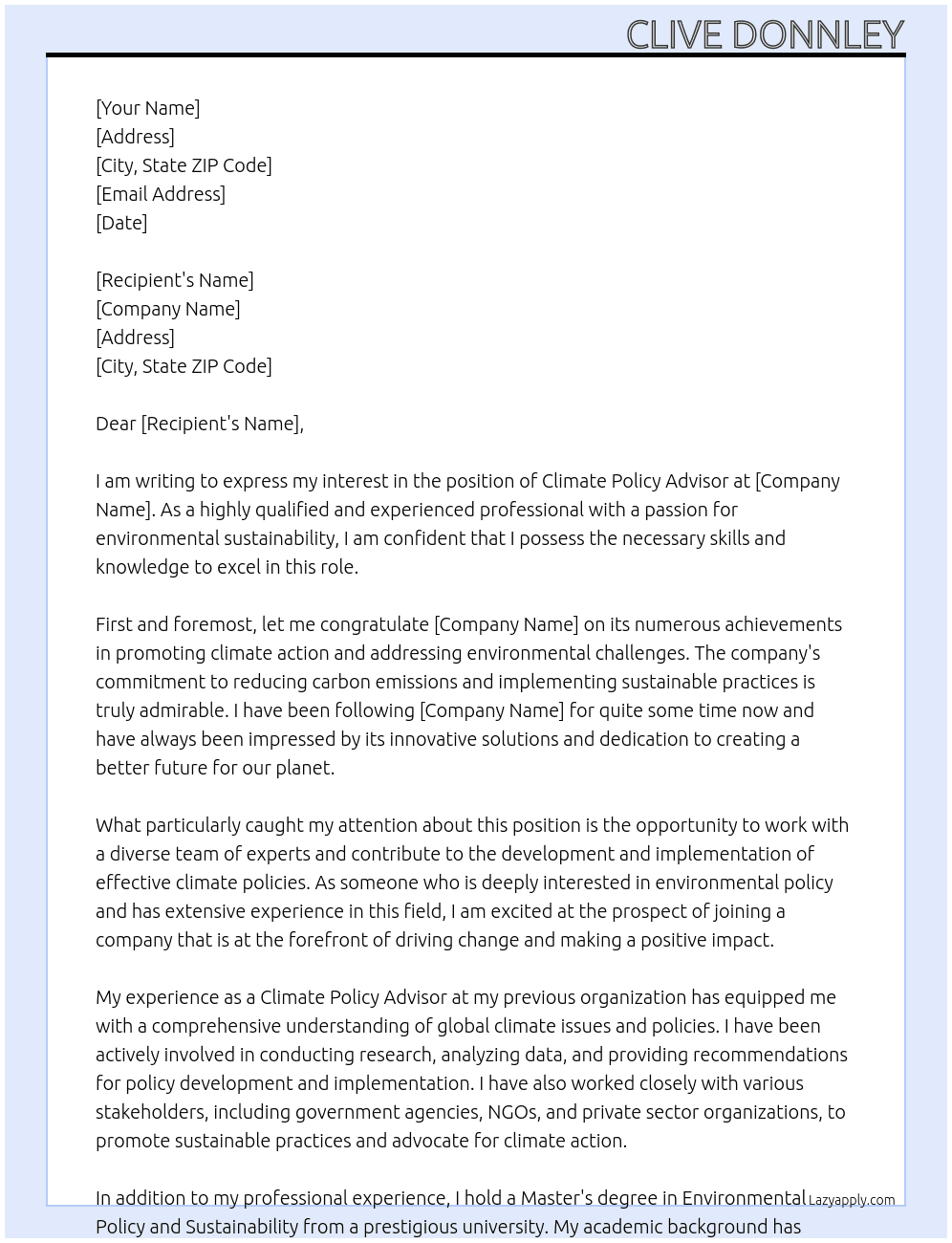 Climate Policy Advisor At cymg Cover Letter