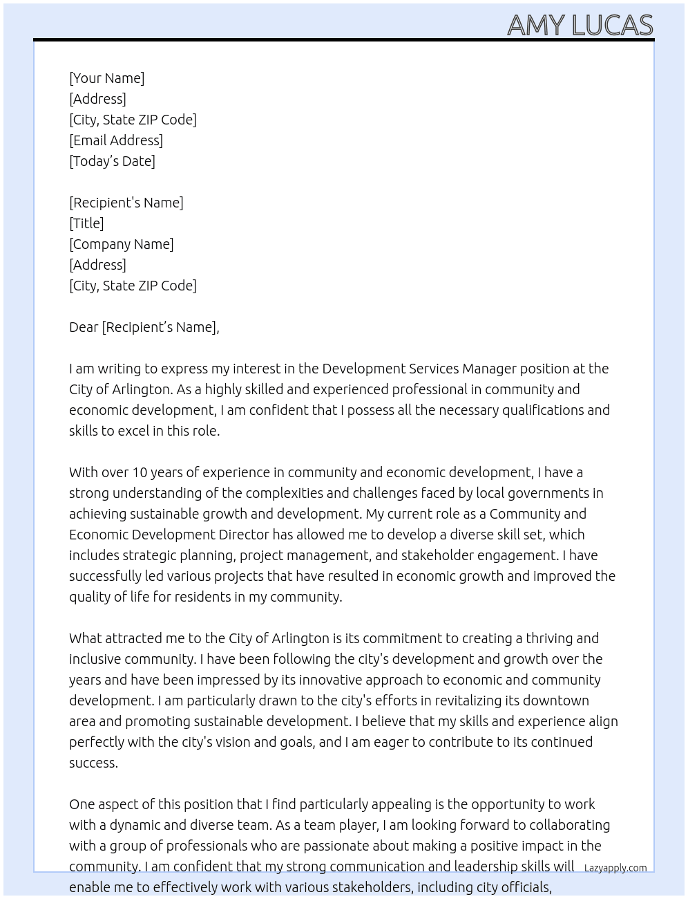 Development Services Manager At City of Arlington Cover Letter