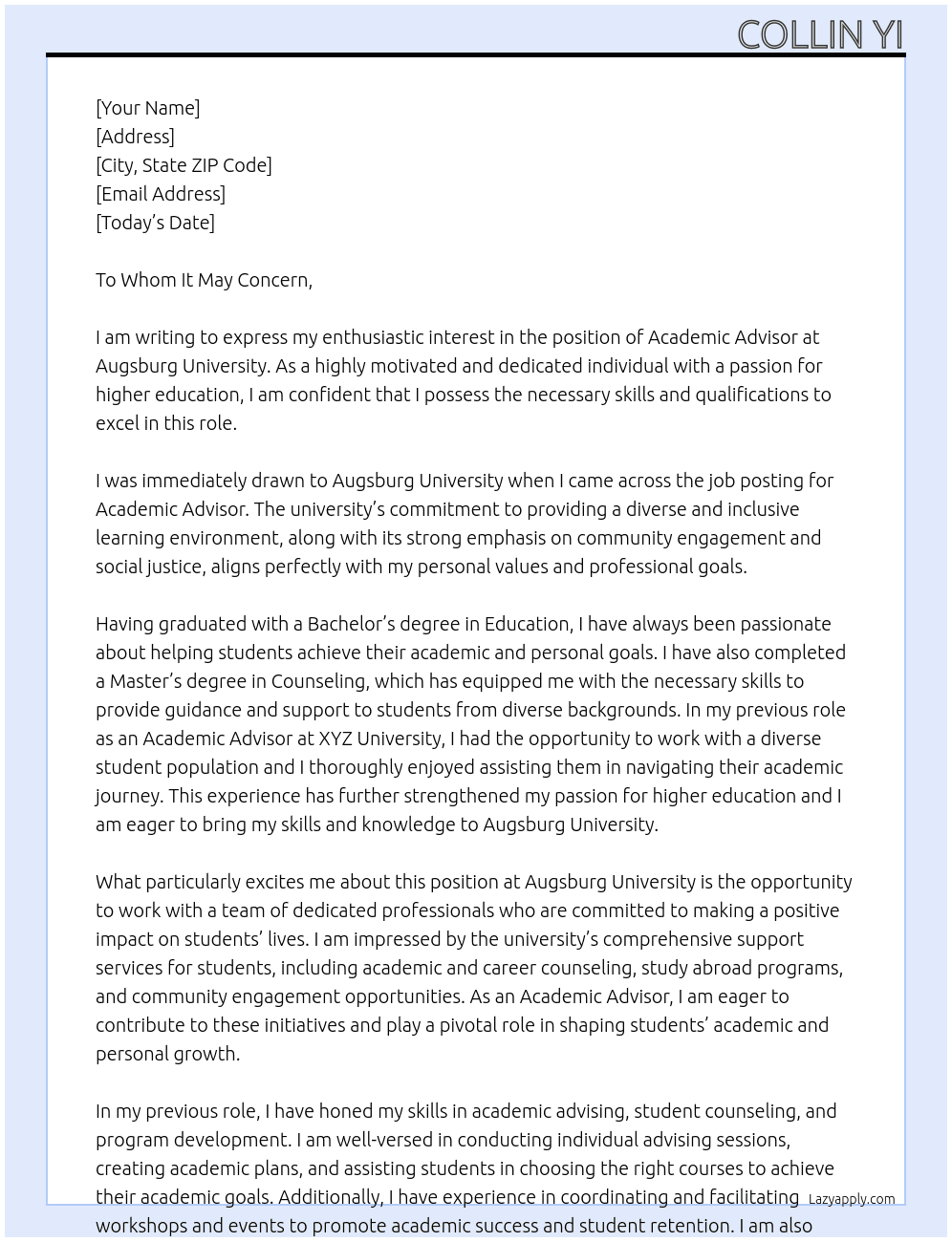 Academic Advisor At Augsburg University Cover Letter
