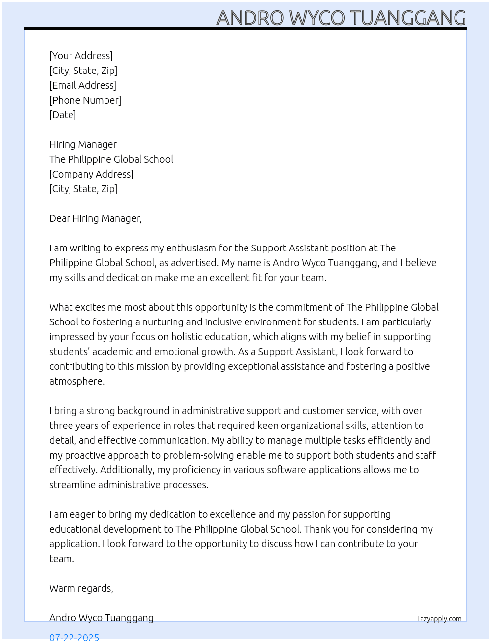 Cover letter for support assistant - LazyApply