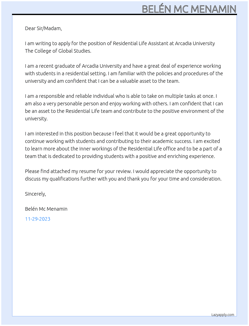 Residential Life Assistant At Arcadia University The College of Global Studies Cover Letter