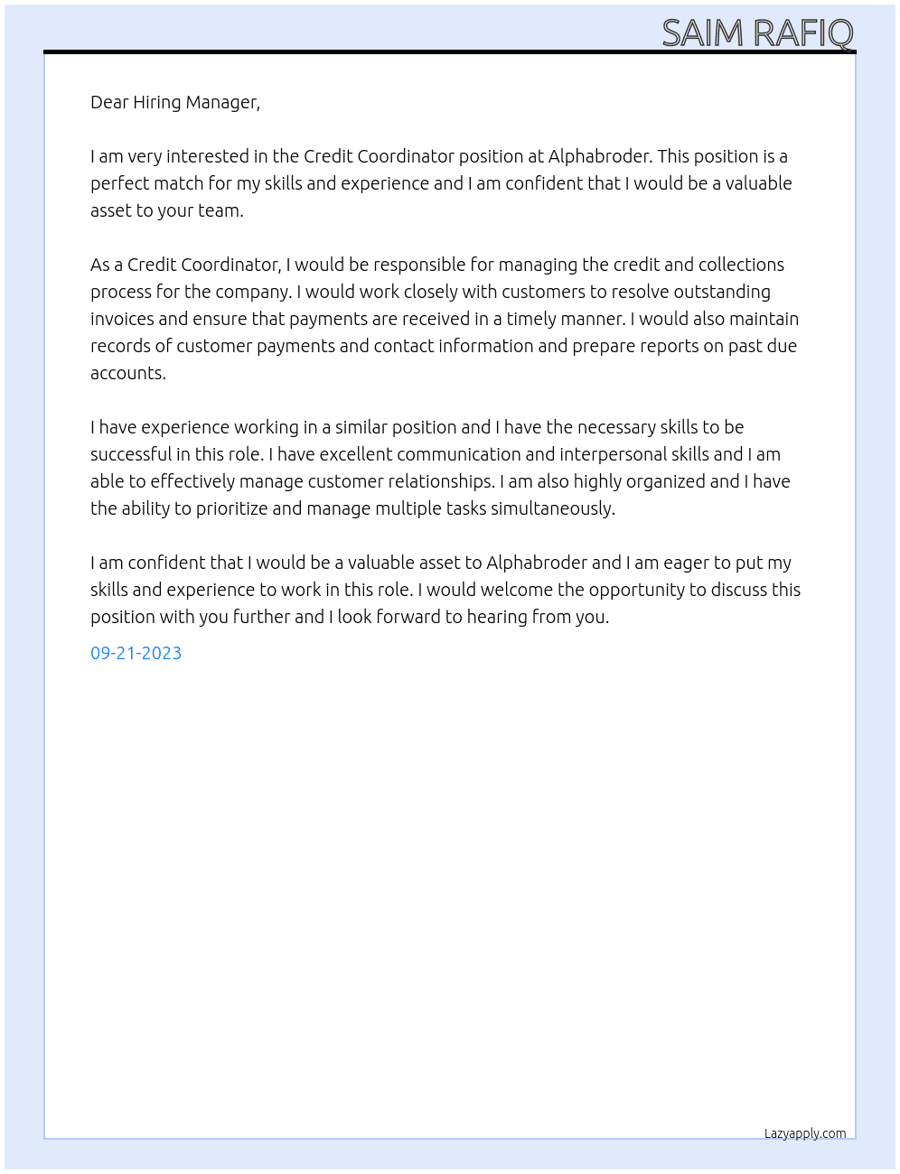 Credit Coordinator At Alphabroder  Cover Letter