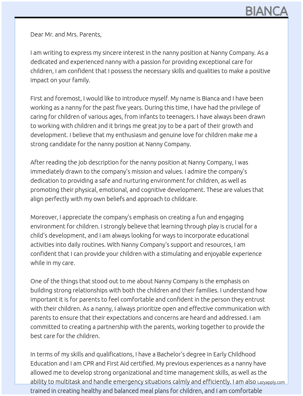 nanny At nanny Cover Letter