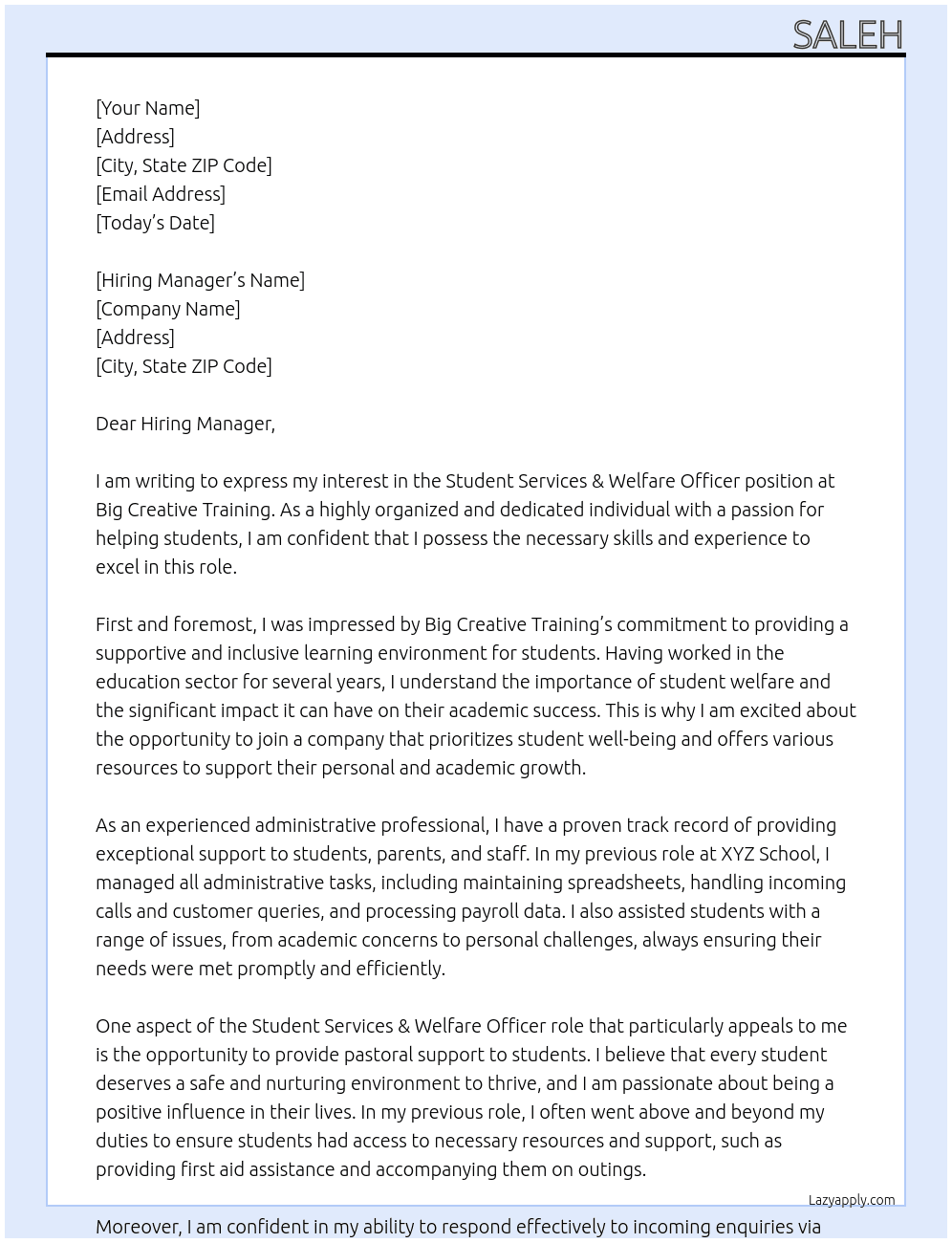 Student Services & Welfare Officer At Big Creative Training Cover Letter