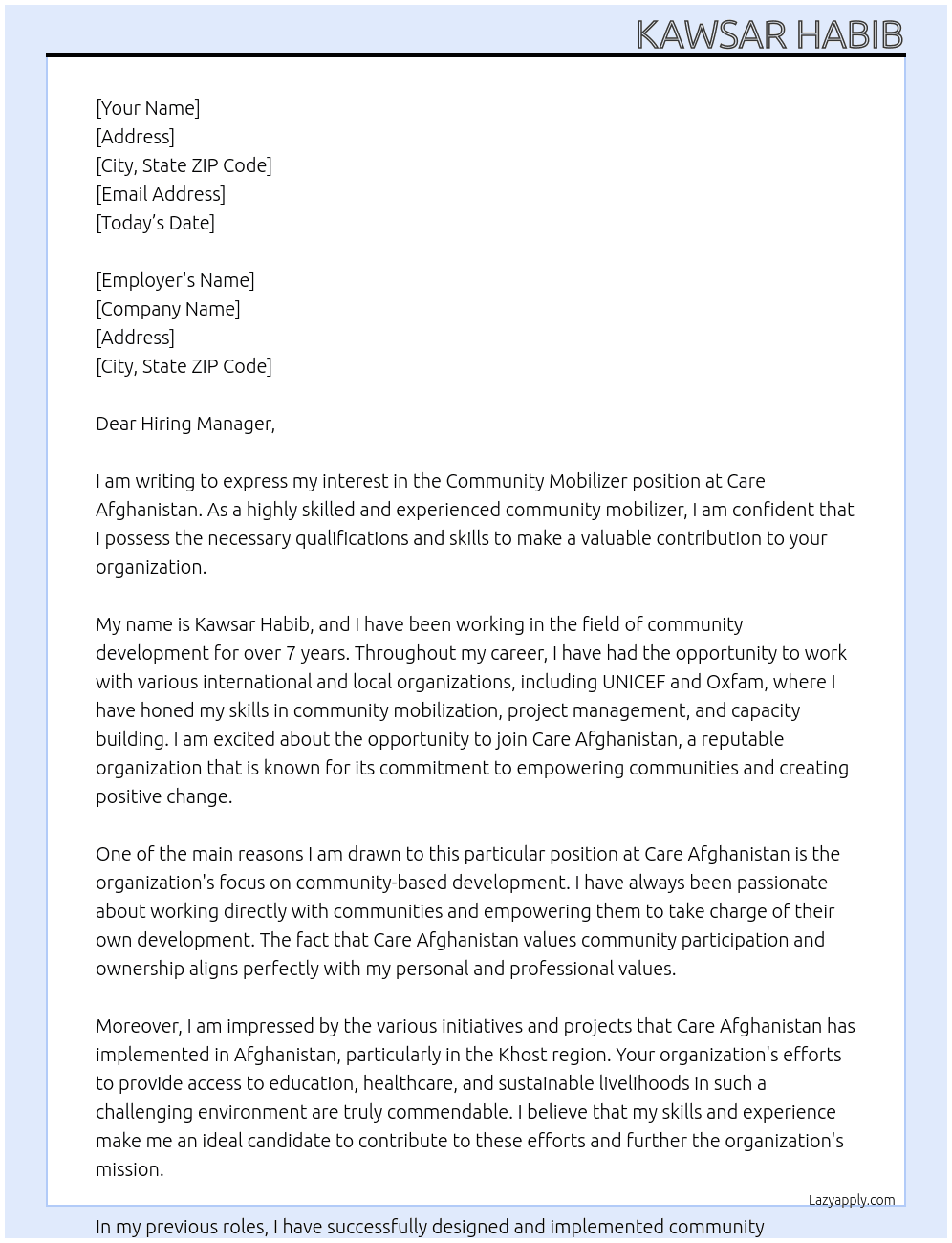 Community Mobilizer At Care Afghanistan Cover Letter