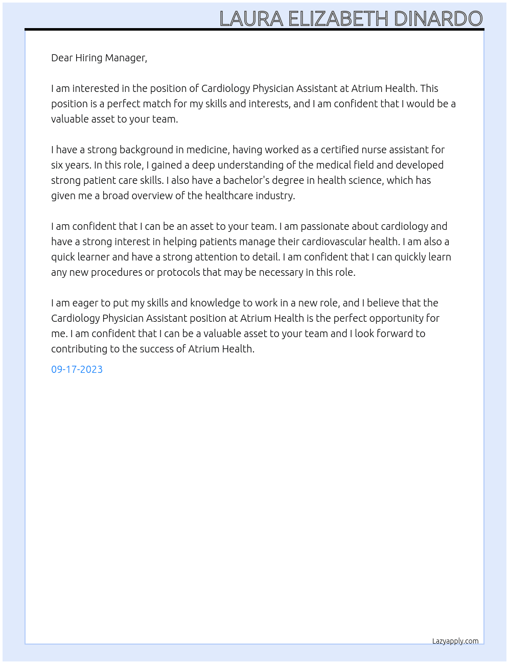 Caridology Physician Assistant  At Atrium Health Cover Letter