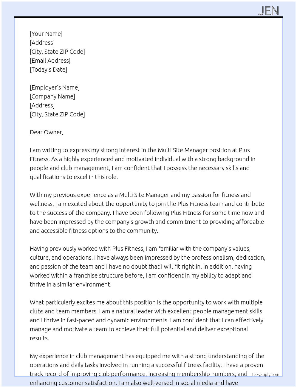 Multi Site Manager At Plus Fitness Cover Letter
