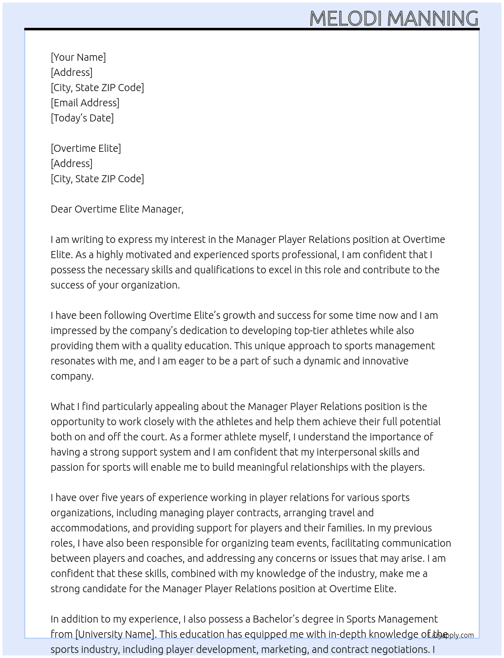 Manager Player Relations At Overtime Elite Cover Letter