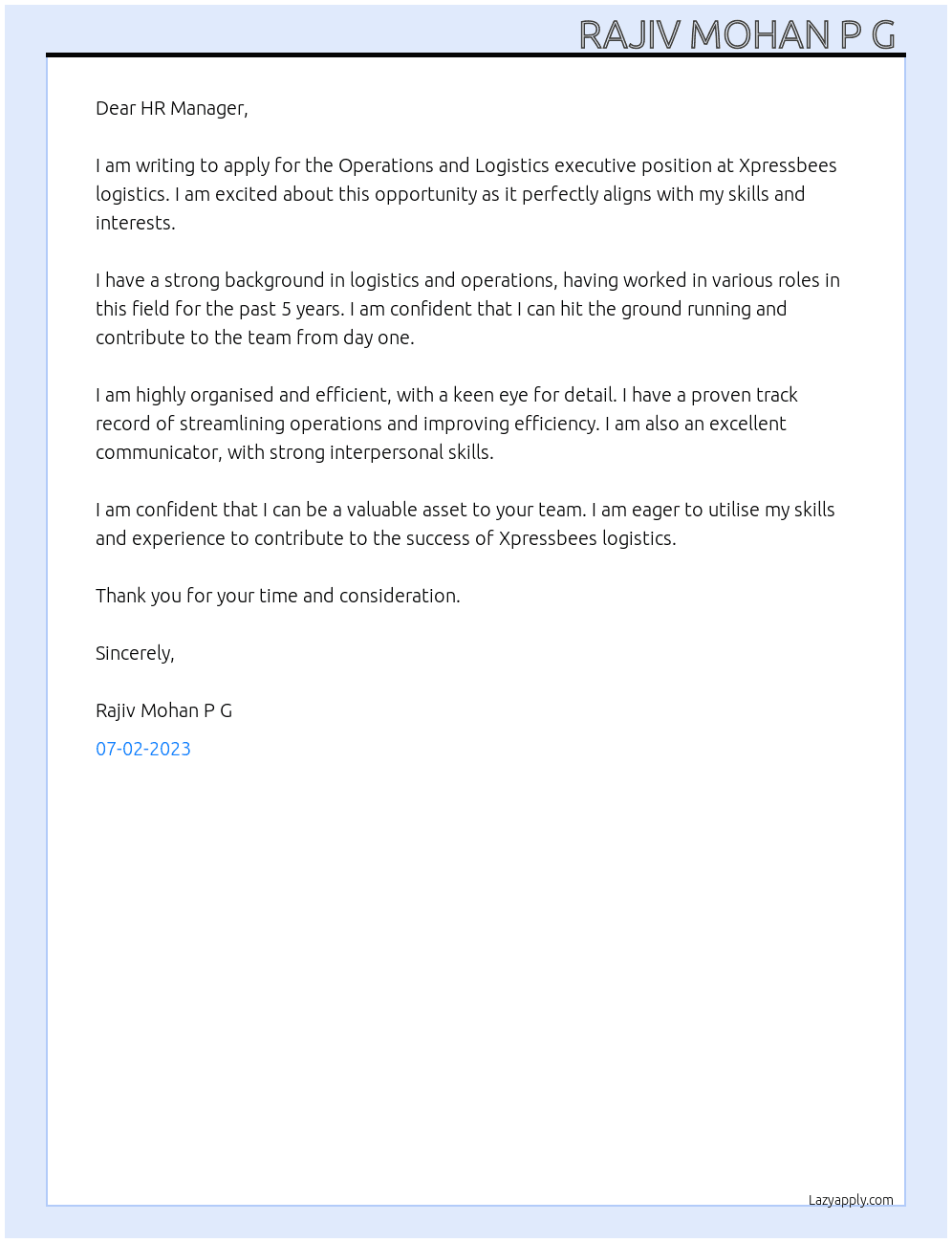 Operations and Logistics executive  At Xpressbees logistics  Cover Letter
