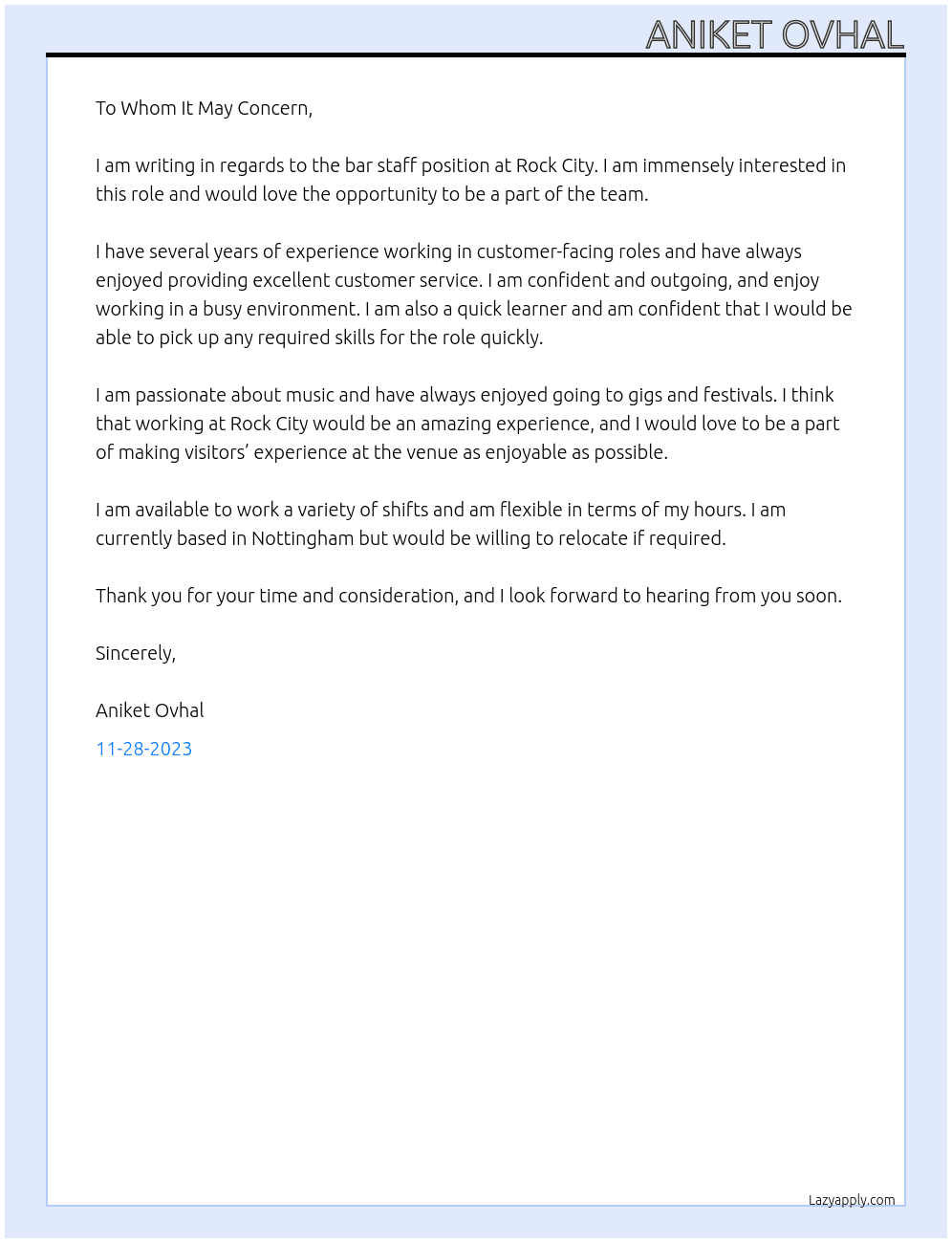 bar staff At Rock City Cover Letter
