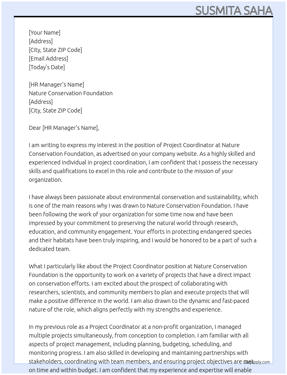project coordinator At Nature Conservation Foundation Cover Letter