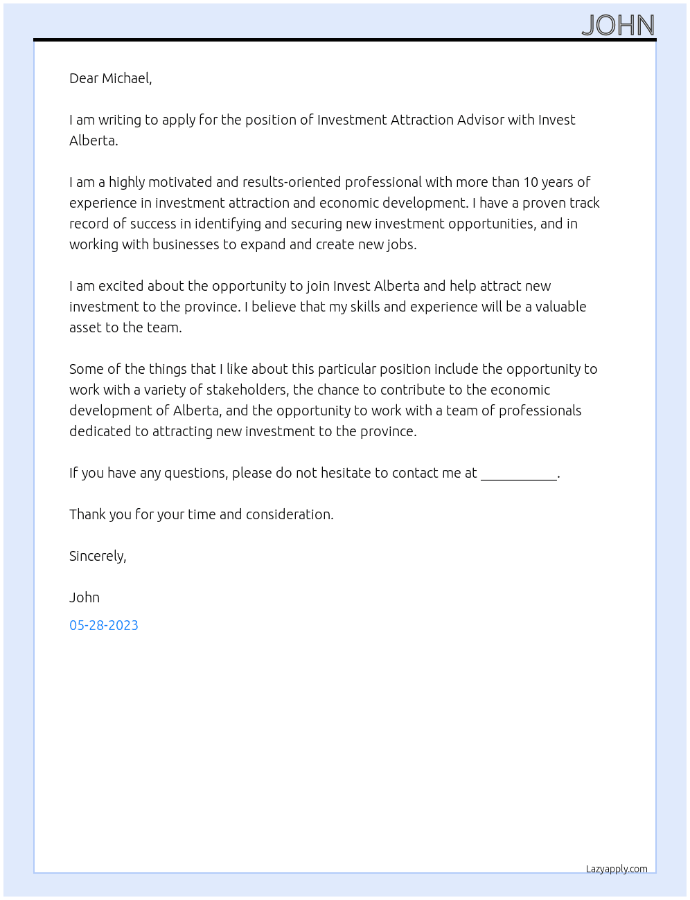 Investment Attraction Advisor At Invest Alberta Cover Letter