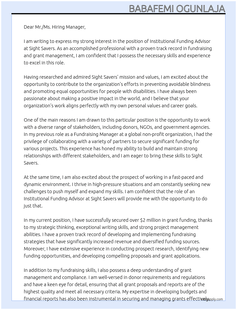 Institutional Funding Advisor At Sight Savers Cover Letter