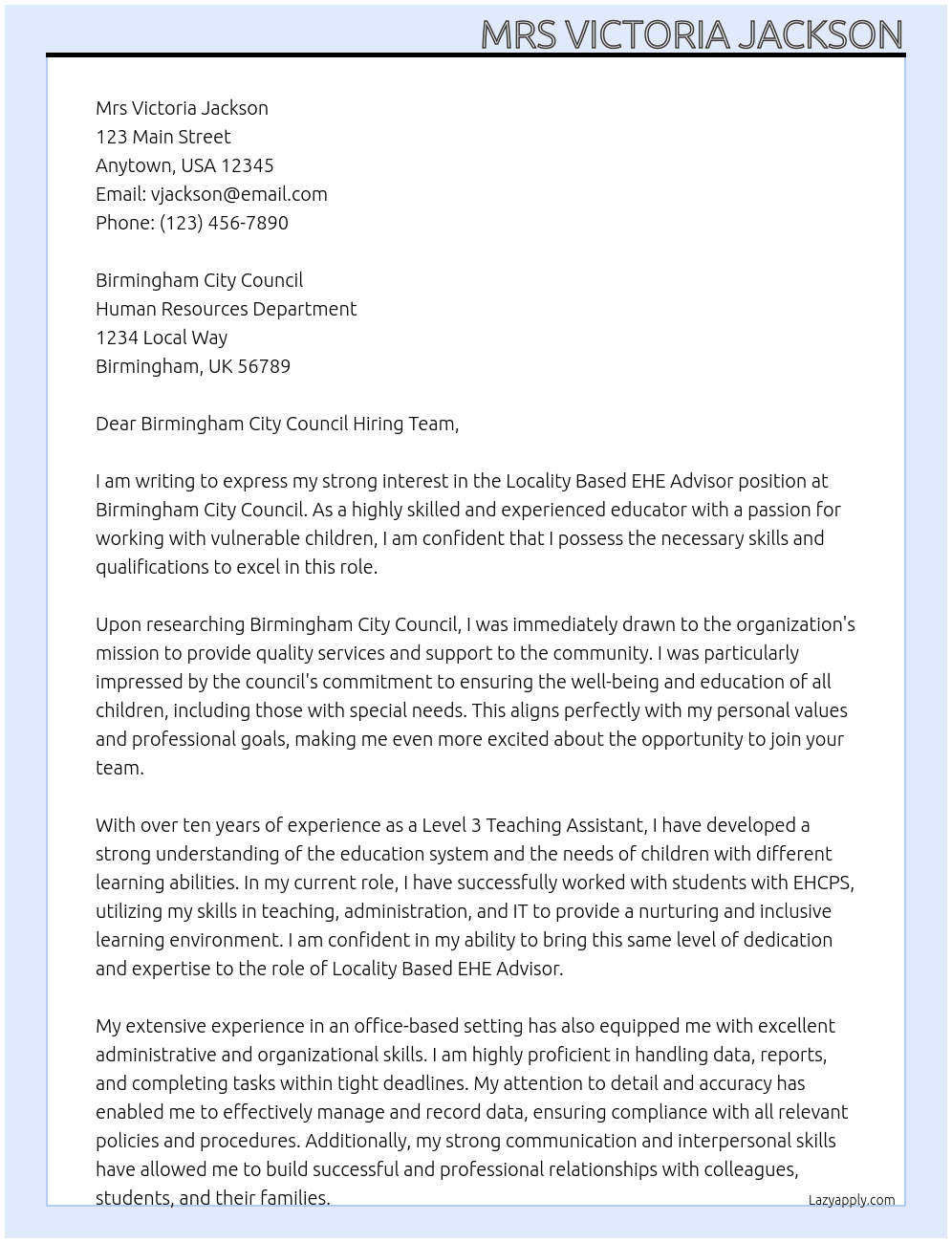 Cover letter for locality based ehe advisor - LazyApply