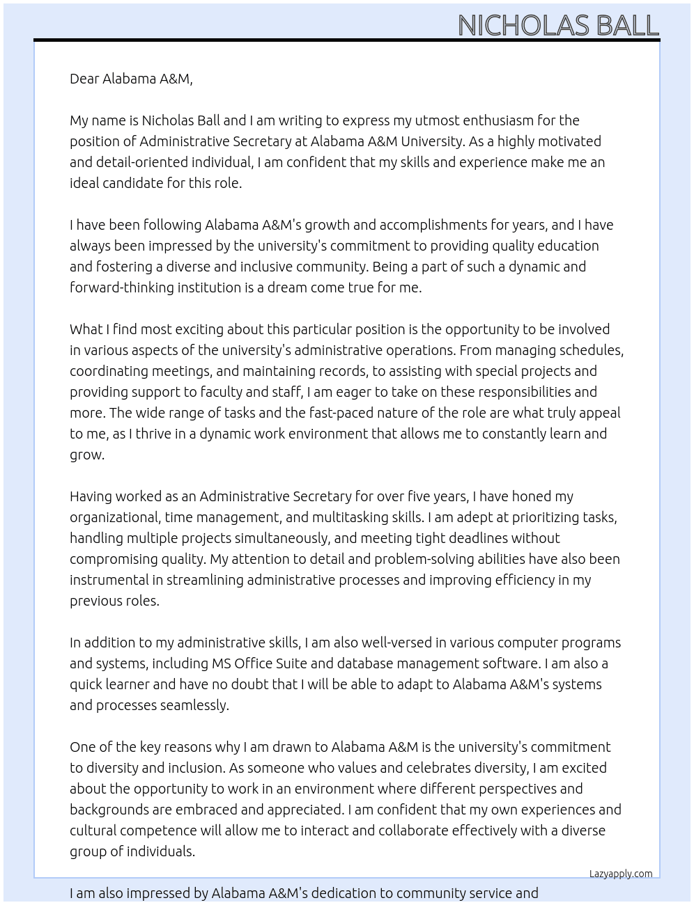 Administrative Secretary At Alabama A&M University Cover Letter