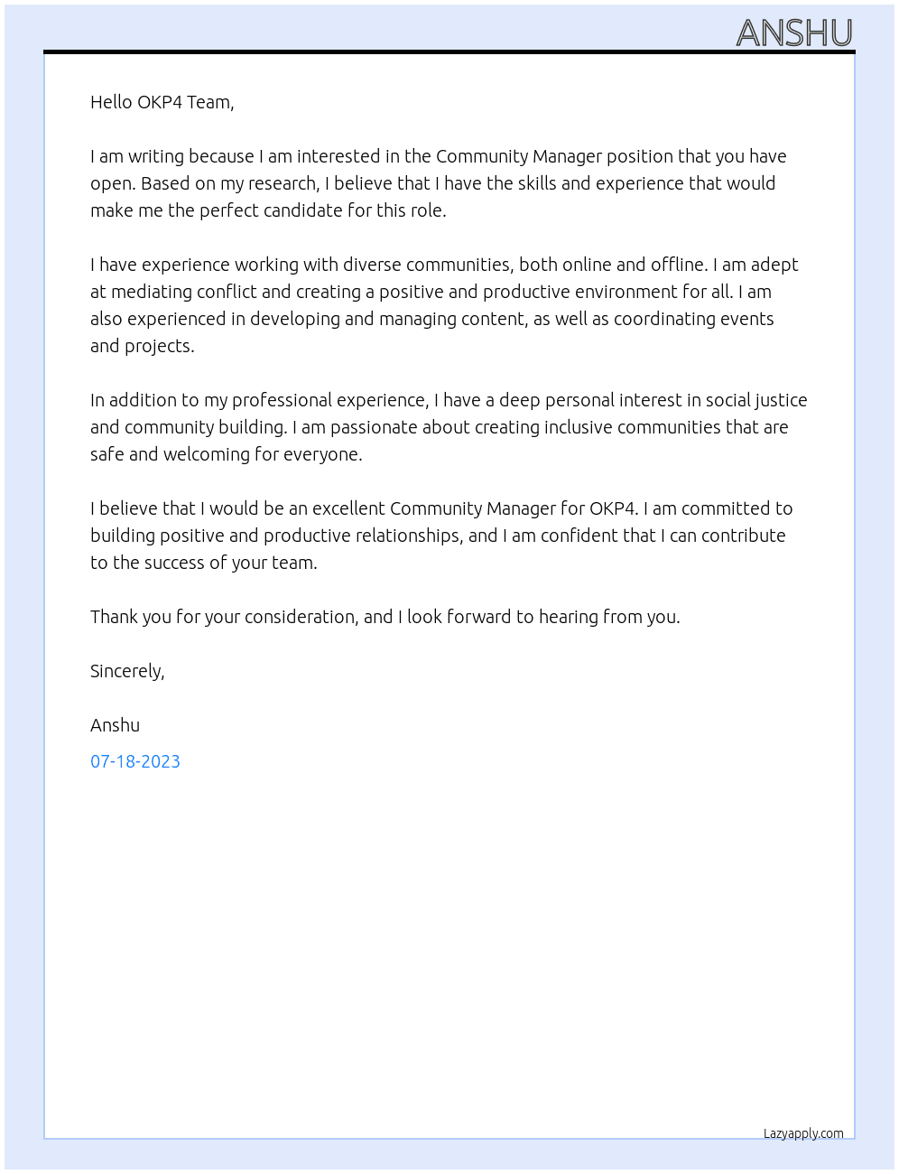 Community Manager At OKP4 Cover Letter