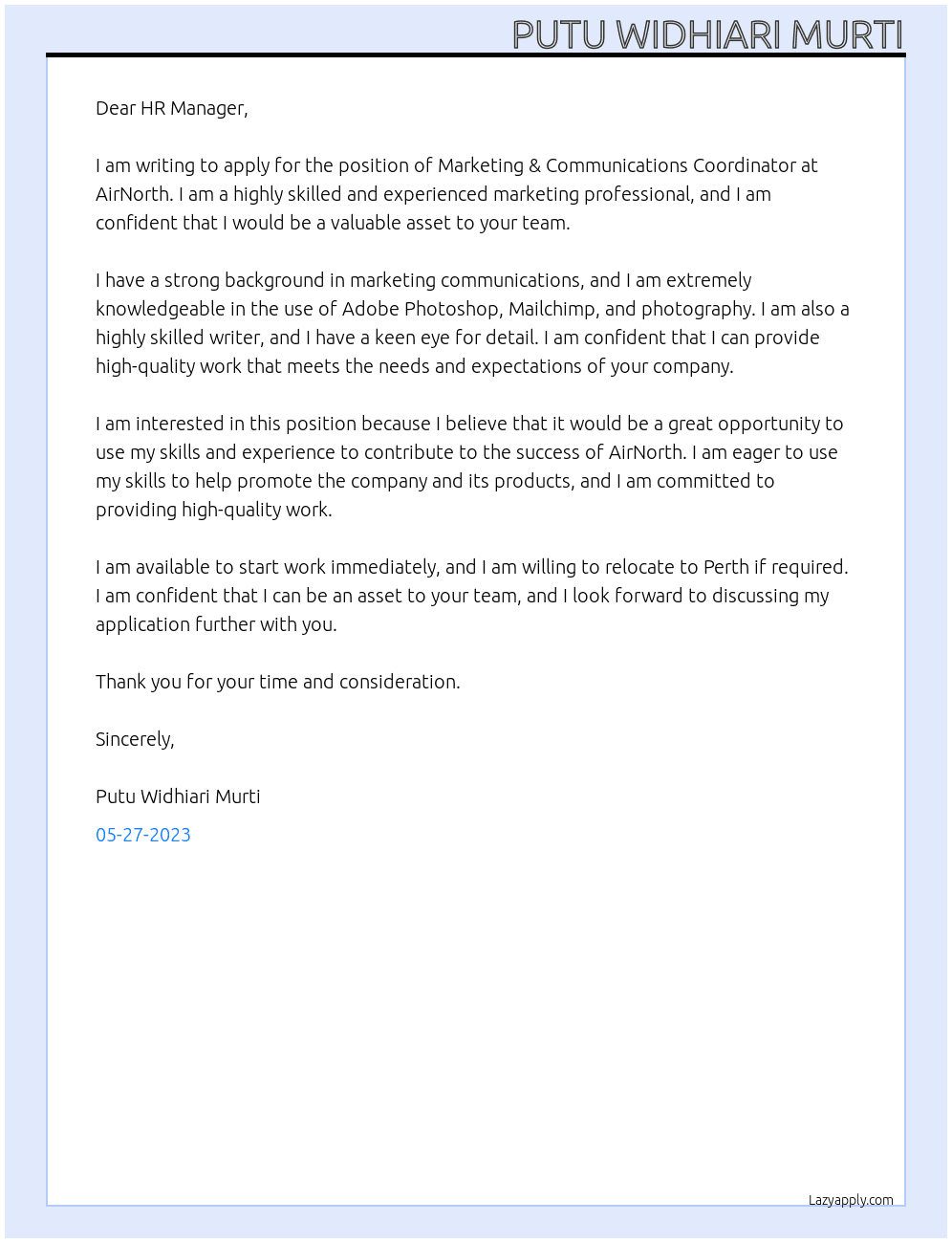 MMarketing & Communications Coordinator At AirNorth Cover Letter