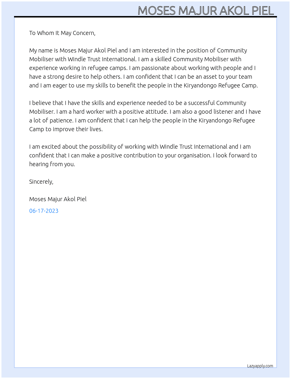 Community Mobiliser  At Windle Trust International Human Resource Department  Cover Letter
