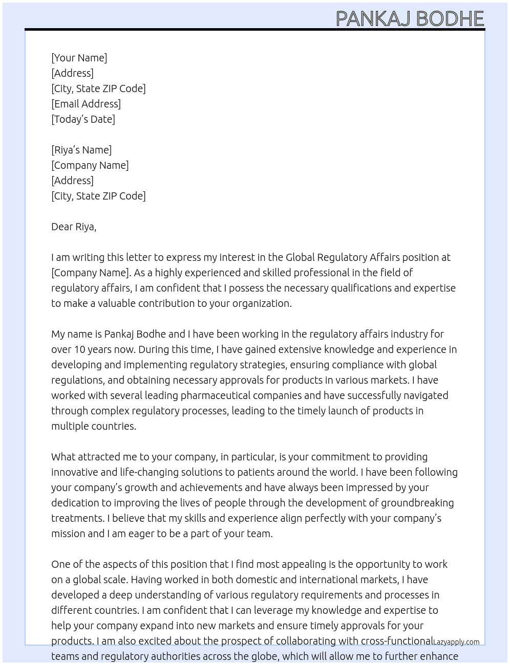 Global Regulatory affair At Riya Cover Letter