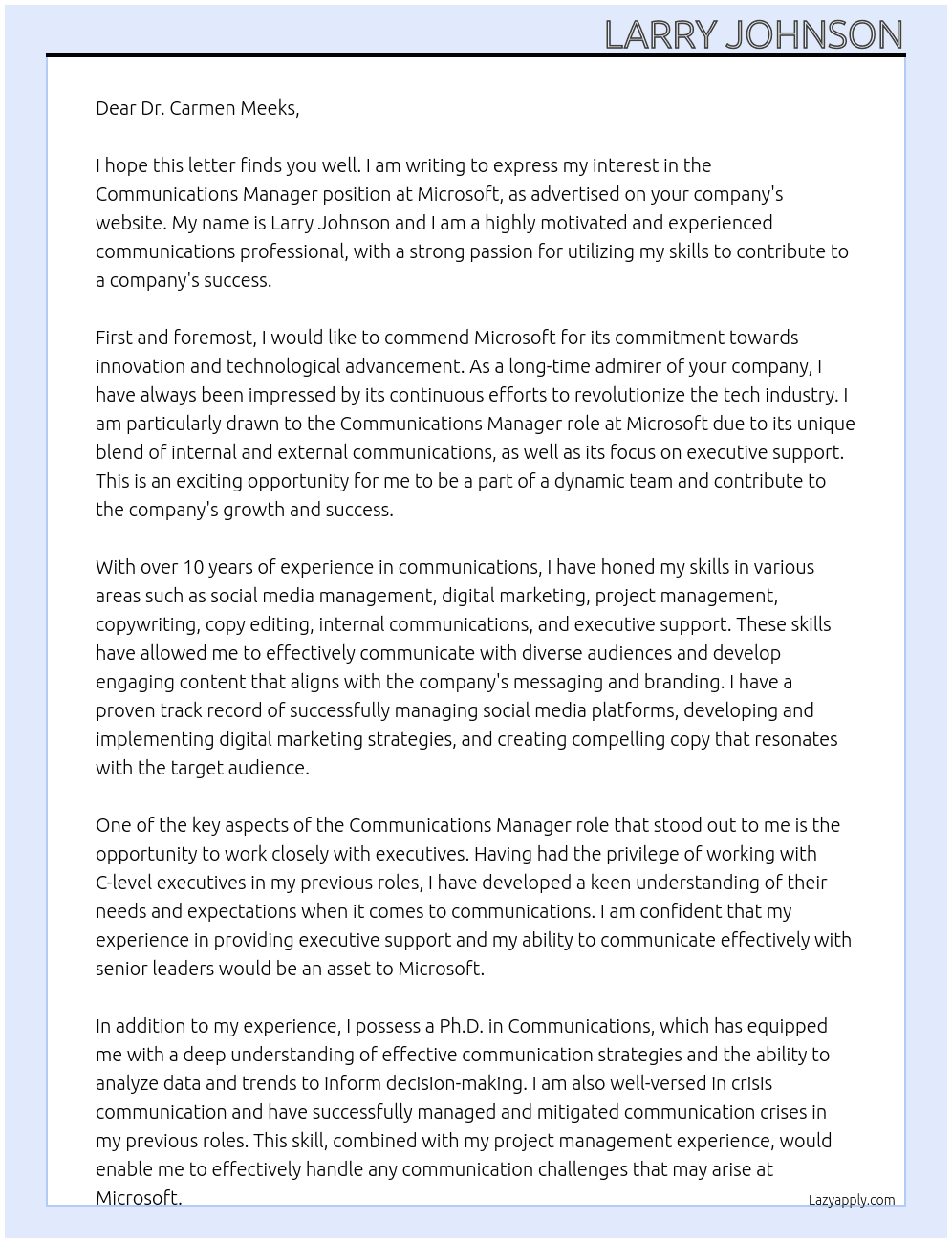 Communications Manager At Microsoft Cover Letter