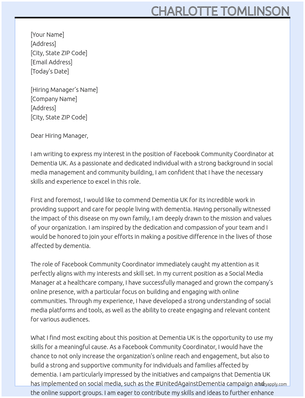 Facebook Community Coordinator At Dementia uk Cover Letter
