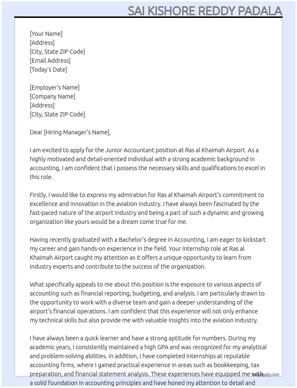 Junior accountant  At Ras al khaimah Airport  Cover Letter