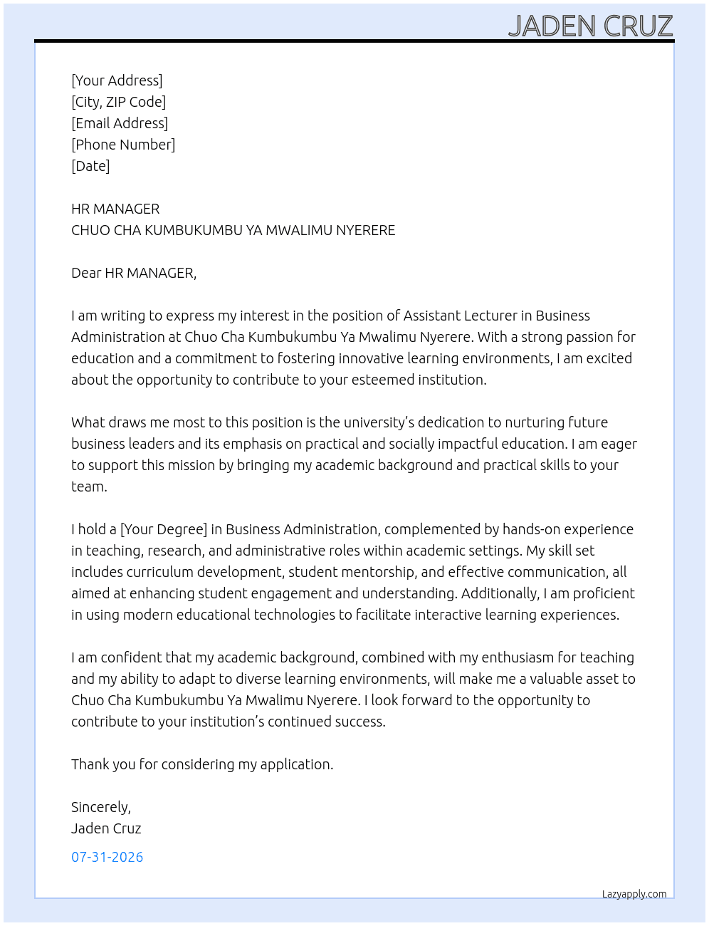 ASSISTANT LECTURER IN BUSINESS ADMINISTRATION At CHUO CHA KUMBUKUMBU YA MWALIMU NYERERE Cover Letter