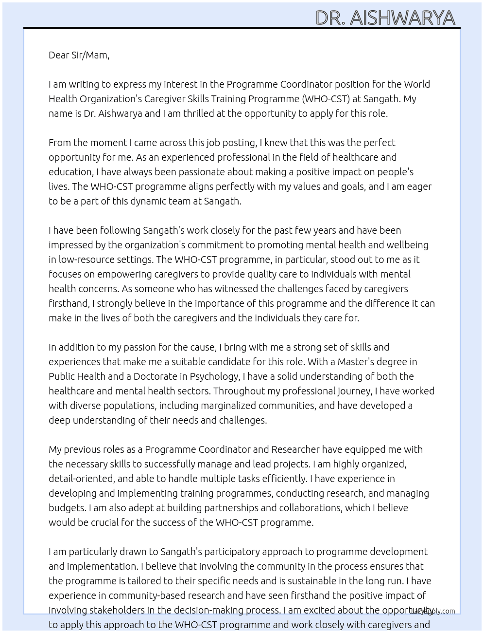Programme Coordinator- World Health Organization's Caregiver Skills Training Programme (WHO-CST) At Sangath Cover Letter